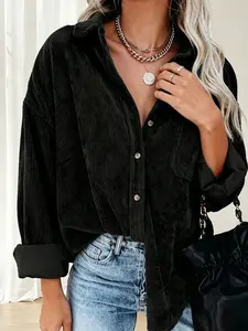 Plus size women's black corduroy lapel single-breasted loose-fit long-sleeve Casual Button Up Collared shirt, suitable for spring and summer, appropriate for daily commutingoing out on dates, casual gatherings, and various other occasions.
