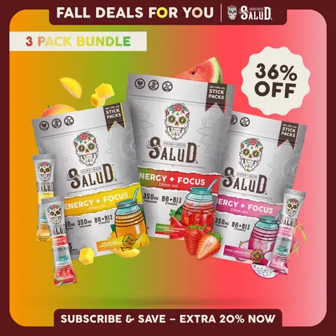 Salud 2-in-1 [Energy + Focus - Trio] Clean Energy Drink Mix, Agua Fresca, Organic Caffeine, B6 & B12, L-Theanine, Non-GMO, Gluten Free, Vegan, 1g Sugar (3-Pack, 45 Servings)