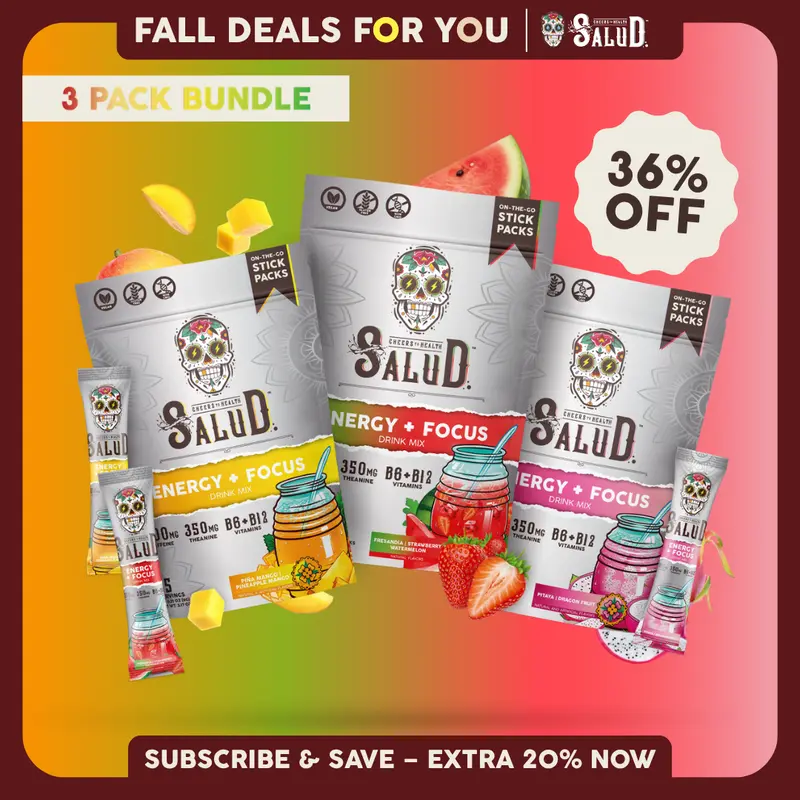 Salud 2-in-1 [Energy + Focus - Trio] Clean Energy Drink Mix, Agua Fresca, Organic Caffeine, B6 & B12, L-Theanine, Non-GMO, Gluten Free, Vegan, 1g Sugar (3-Pack, 45 Servings)