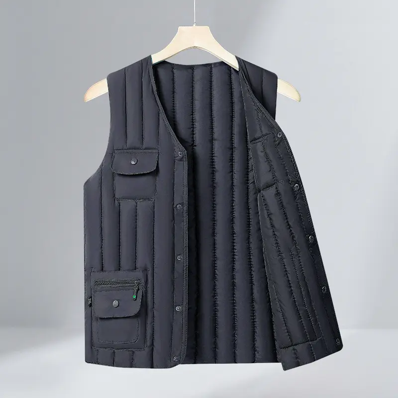 Men's Multi-Pocket V-Neck Warm Sleeveless Vest for Autumn Winter as Innerwear or Jacket with Quilted Design and Multiple Pockets Menswear Stylish
