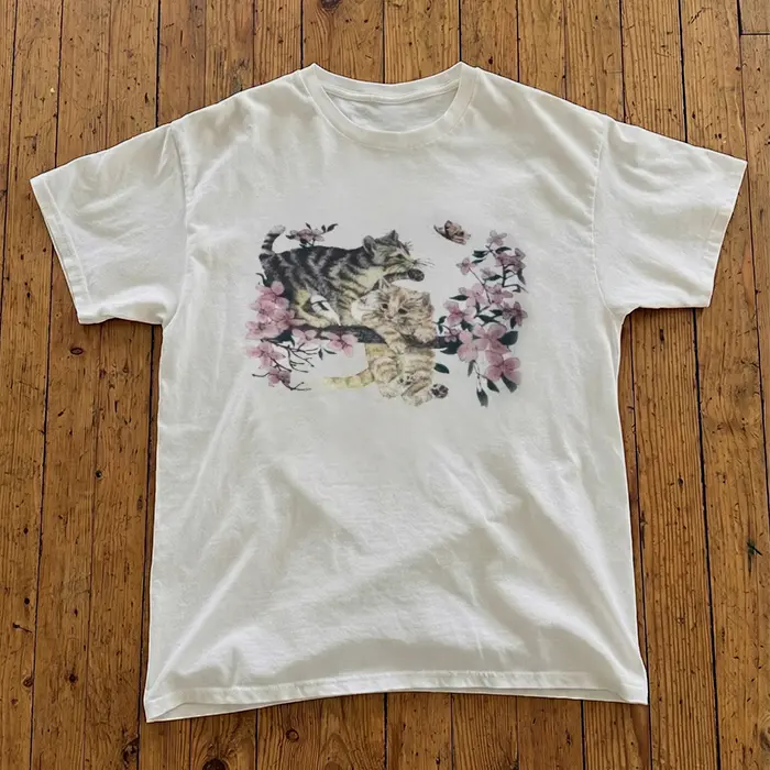 [ On Sale 55% ] Cute Kittens Cherry Blossom Shirt Vintage Cottagecore Graphic Tee Heavy Cotton Soft Girl Sakura Flower Cat Lover Aesthetic Gift for Her