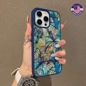 Premium Aesthetic Magnetic Smartphone Case for iPhone 16 Pro Max,15 Plus,14,13,12,11 - Church Glass Butterfly Pattern, Durable Grip, Shockproof, Anti-Scratch, Non-Yellowing, Transparent with Colorful Border - Protective Handheld Device Accessories