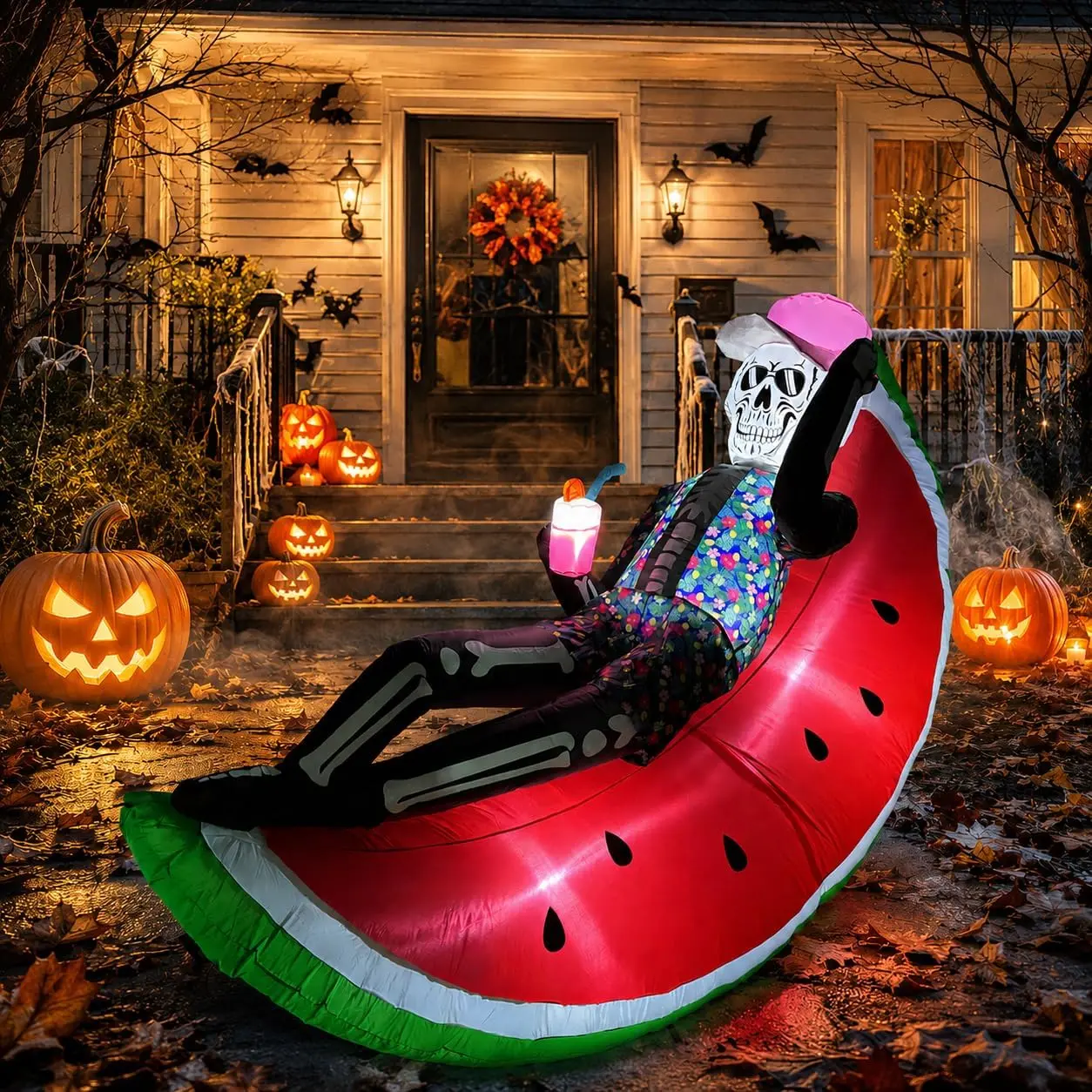 6.9FT Summerween Inflatable Decorations, Skeleton Reclining on Watermelon Slice with Built-in LED Lights, Halloween Blow Up Yard Decoration for Summerween Party Lawn Garden Outdoor Decorspooky season decor, spooky yard decor, halloween yard decor, hallowe