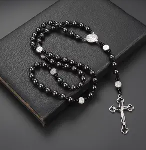 New Black Volcanic Rock Black Gallstone Alloy St. Benedict Religious Men's Original Stone Cross Rosary Necklace Byzantine Chain