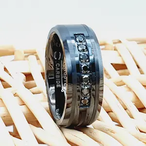 Man's Black Diamond Wedding Band Tungsten - Laser Engrave Gift - Wedding Ring for Him