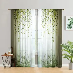 2Pcs Fresh Green Leaf Printed Curtains, Botanical Garden Design, Rod Pocket Style, Semi Sheer Polyester, Natural Light Filtering for Living Room Bedroom Balcony Kitchen Study Room Window Treatment, Easy Care Nature Theme