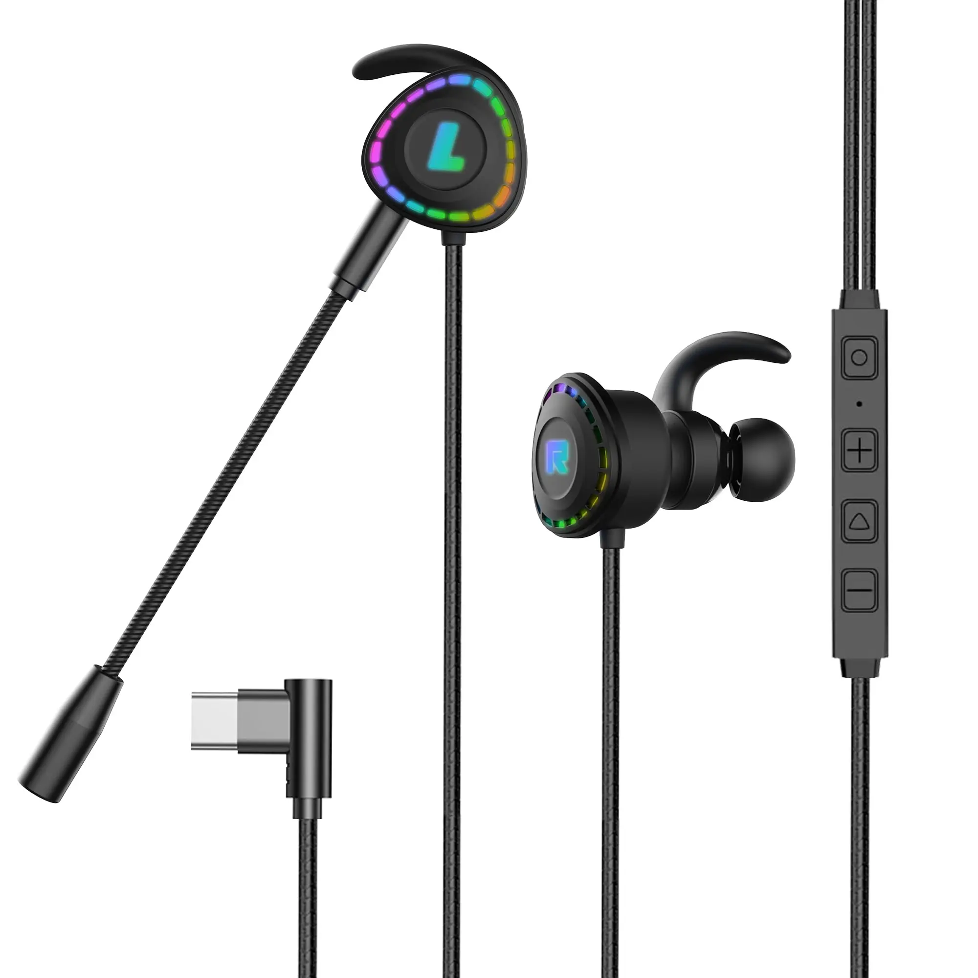 USB-C in-Ear Gaming HeadsetType-C Gaming Earbuds Wired E-Sport Earphone Noise Cancelling Stereo Bass Gaming Headphone with Adjustable Mic and RGB Light for iPhone 15 Pro Max Pixel 8 7 6 Audio Detachable