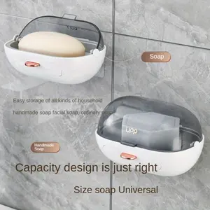 Double-layer drain soap box, wall-mounted transparent flip soap rack, no punching, waterproof and dustproof soap rack with lid