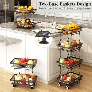 4-Tier Stackable Metal Wire Storage Basket with Wheels – Black Rotating Organizer for Fruits, Vegetables, Potatoes, Onions, Bread, and Bananas – Modern Kitchen Corner Rack for Efficient Space Saving, Fruit Vegetable Holder |   Contemporary Storage |   Spa