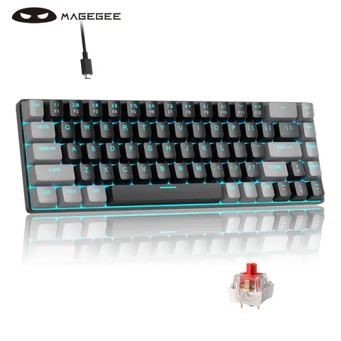 MageGee MK-Box 65% Mechanical Gaming Keyboard - Red Switches, Grey Black 68-Keys Compact Mini, Cyan LED Backlit, Detachable USB 2.0 Wired Type-C, Anti-Ghosting, Double Injection, Adjustable Stand, PC Accessories for Gamers/Office Users