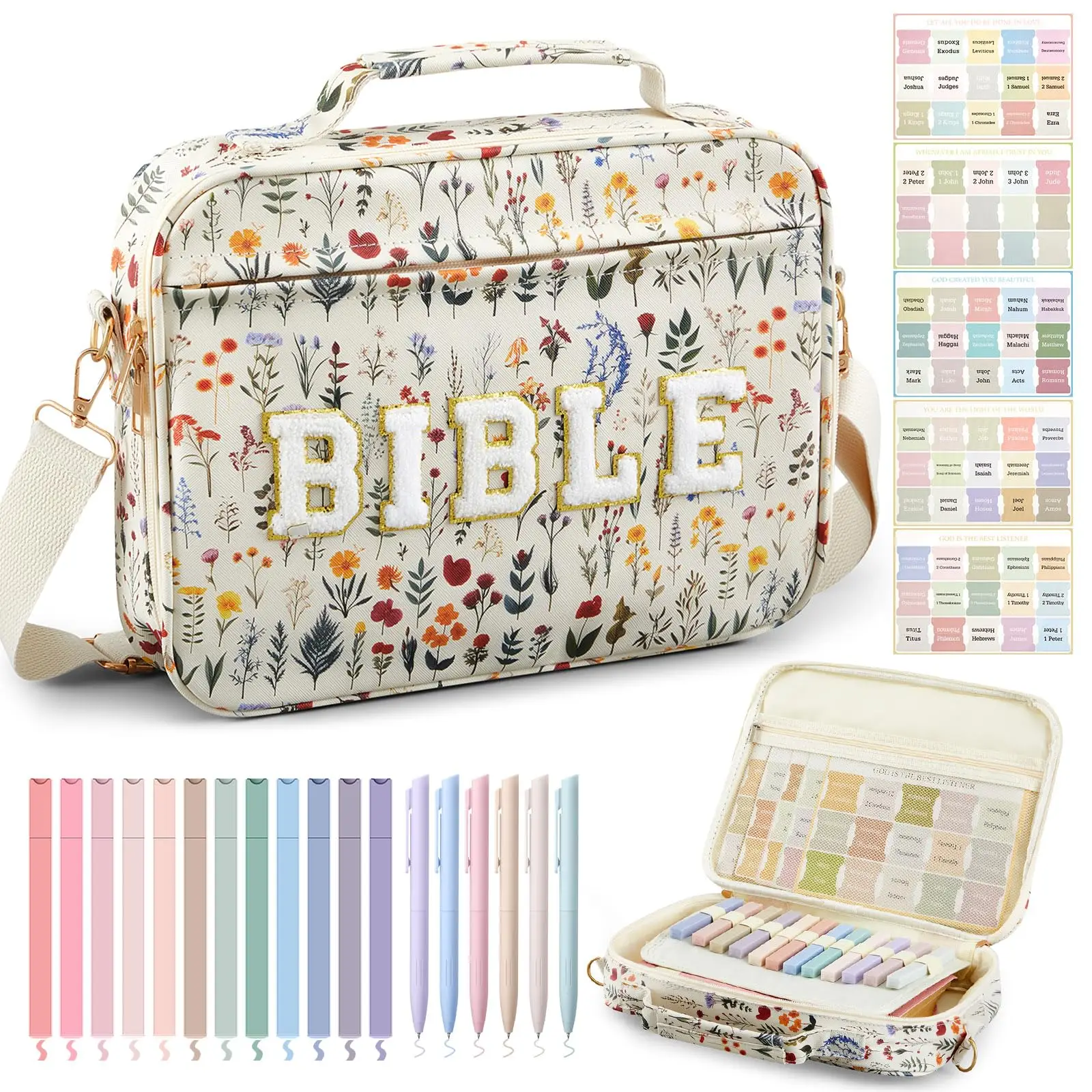 Pretty Bible Bag for Women, 12x9x2.5In Large Chenille Letter Bible Cover Waterproof PU Leather Church Bible Bag with Tabs Colored Gel Pen Highlighters