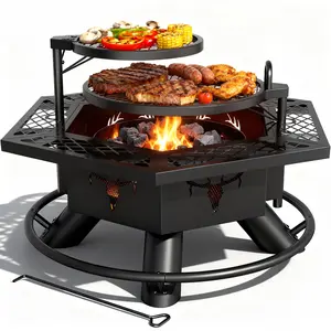 【Father's Day Gift】BALI OUTDOORS Game Day  37.5" Hexagon Fire Pit with BBQ Grill Outdoor Fire Pit for Wood Burning Patio Firepits with Adjustable Grilling Plates and Charcoal Tray