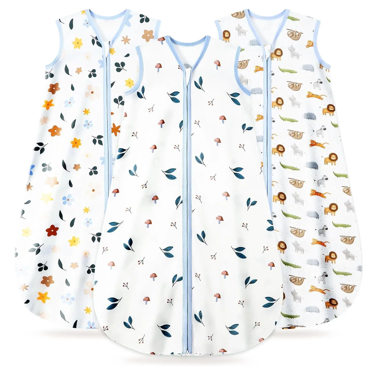 3 Pack Baby Sleep Sack 6-12 Months 100% Organic Cotton, 0.5 TOG Lightweight Wearable Blanket, 2-Way Zipper Sleeping Bag, Animal&Plant&White