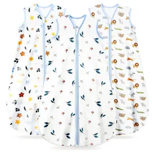 3 Pack Baby Sleep Sack 6-12 Months 100% Organic Cotton, 0.5 TOG Lightweight Wearable Blanket, 2-Way Zipper Sleeping Bag, Animal&Plant&White