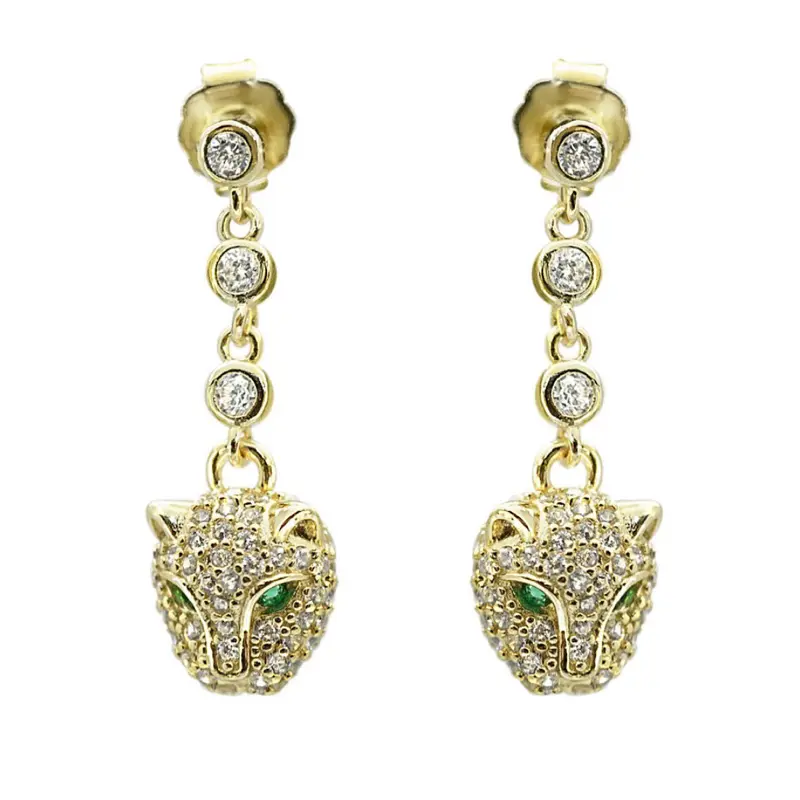Women's Panther Dangle Earrings - Gold-Plated Sterling Silver, Emerald Eyes, Diamond Accents, Bling Effect, Gold Aesthetic, Daily Wear Jewelry, Elegant, Female, Animal, Panther Face, Single Pair, Everyday Sparkle, Versatile, Women's Fashion
