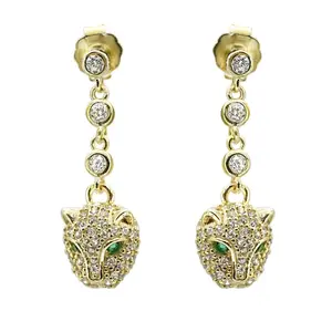 Golden Panther Drops Earrings with Diamond Accents and Emerald Eyes for Women's Fashion