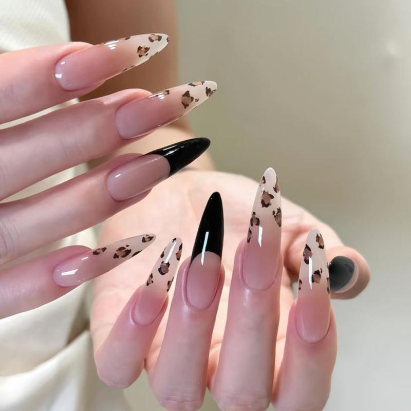 Leopard French Tip Nail Box, nude pink stiletto nails with black French tips and subtle leopard print accents, premium ABS gel material, reusable, fit for women, ideal gift for birthdays or fashion lovers