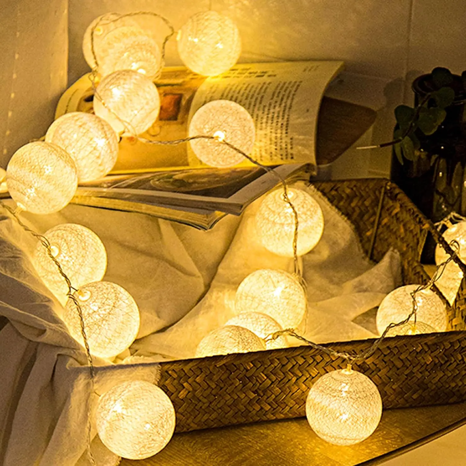 Anordsem Cotton Lights Battery Operated: Ball String Light Hanging for Indoor Bedroom Decor - LED Fairy Lantern Cozy Lighting for Adults Teenages Kids Baby 2 Pack