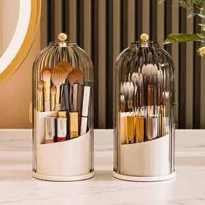 Upgraded Makeup Cosmetic Organizer - 360-Degree Rotatable, Transparent, Dustproof, Lightweight Storage Box with Makeup Brush Holder for Home & Travel