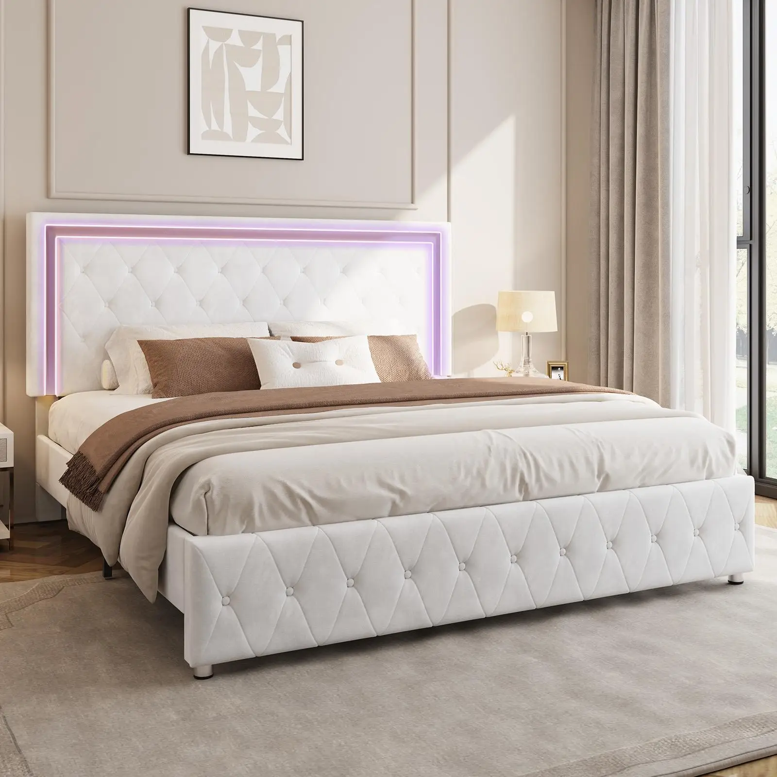 [Restock Sale] AMERLIFE Modern Bed Frame with RGB LED Lights, Adjustable Headboard Velvet Button Tufted/Acrylic Mirror Accents/Smart APP&Remote Contro
