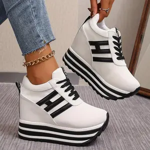 Women's Fashion Wedge Sneakers - 3.94inch Height Increase, Lace-Up Canvas Shoes with Thick Platform Sole for All Seasons Girl Closed