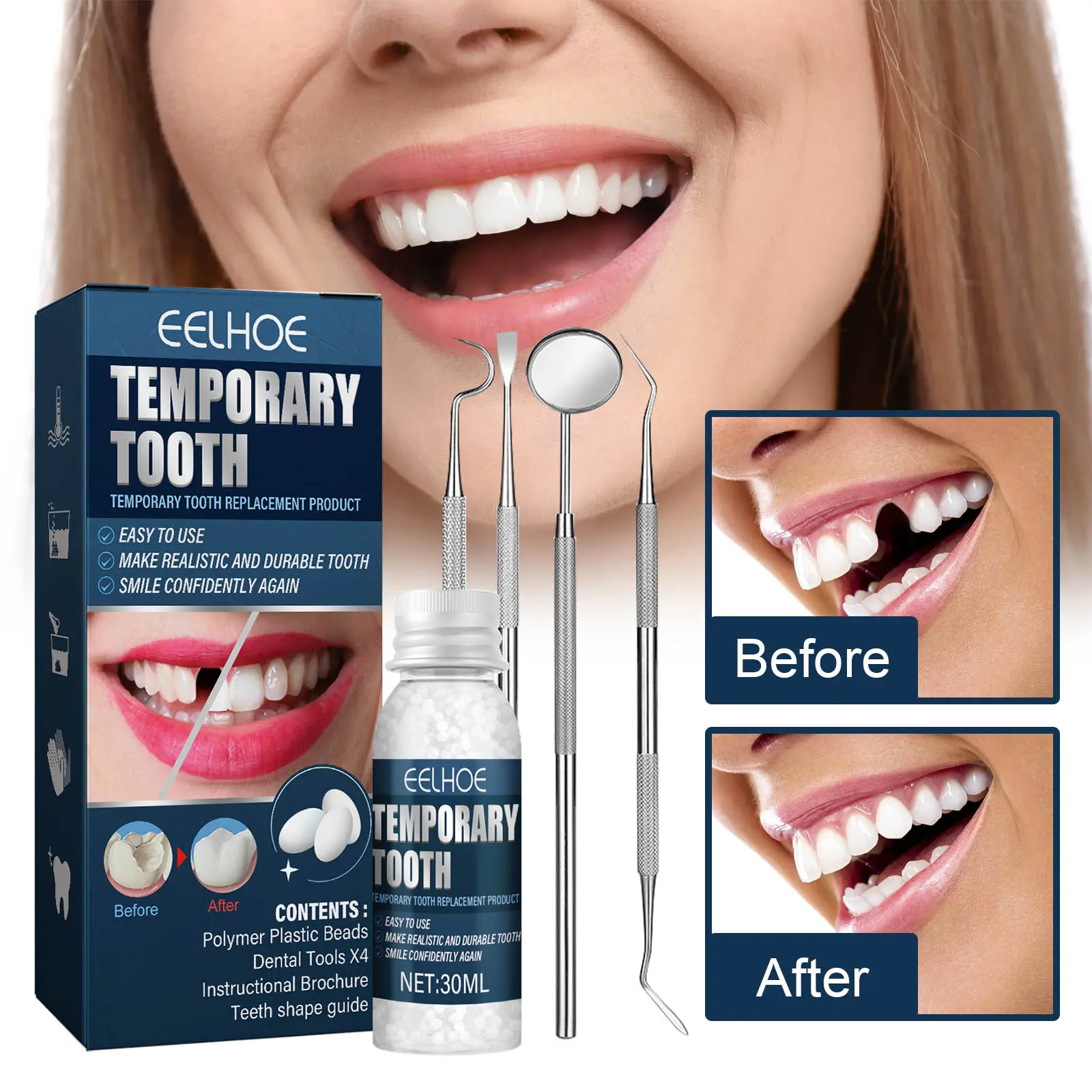 Unisex Fake Teeth Kit, Reusable Cosplay Fangs with Fitting Adhesive, Halloween Costume Denture Accessories, Party Props