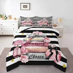 Feelyou Bed Comforter Set - Soft Breathable Bedding, Black & Pink Girly Inspirational Cute Polyester Fiber Quilt, Black & White Striped Modern Design with Books & Perfume Theme, Multi-Size (Including Comforter Queen Size) for Girls
