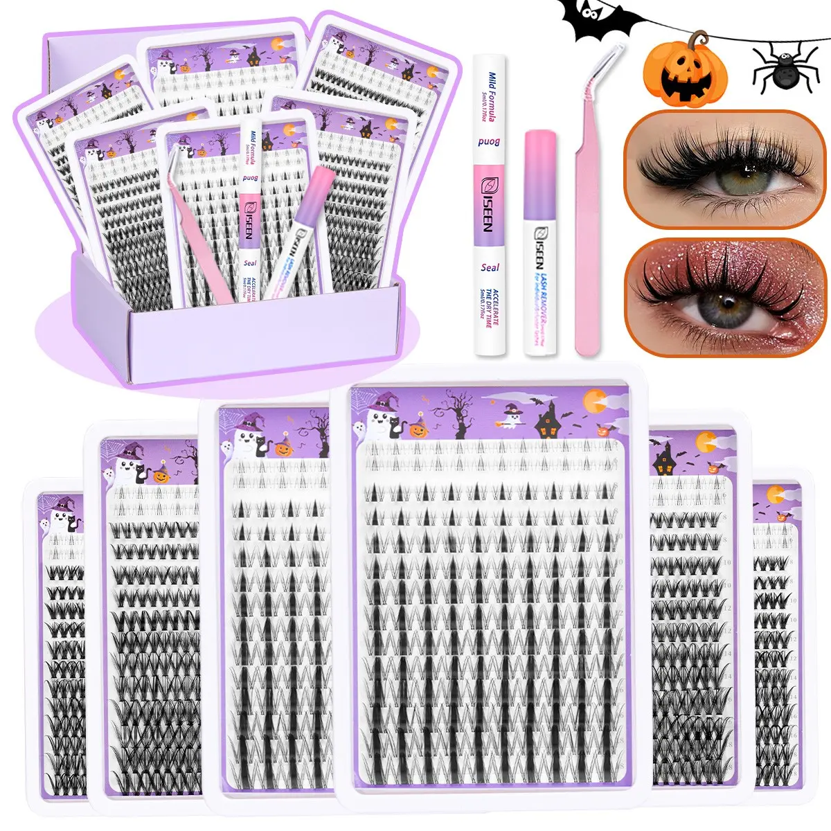 4 Styles Lash Clusters Kit 30D/40D/50D Volume Lashes Clusters Kit 5-18mm Cluster Eyelash Extension Kit Eyelash Glue D-Curl With Lash Bond and Seal, Lash Remover, Lash Tweezers, Diy Personal Lashes, DIY at Home Curly Lashes Individual Lashes Cluster