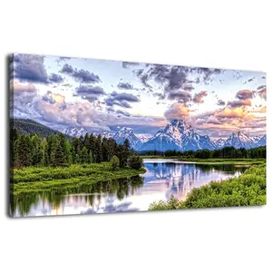 1pc Landscape Canvas Wall Art Nature Picture Oxbow Bend Grand Teton National Park Modern Canvas Art Work River and Forest Contemporary Wall Art Large Size Home Office Decor Ready to Hang Wooden Frame .