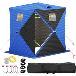 Garvee Insulated Pop Up Ice Fishing Shelter and Tent with 49Ft LED Light Strip, Windproof Hub Design, Spacious Space for 1-8 People, Portable Waterproof Oxford Material, Includes Windows, Zippered Doors, Carry Bag, Anchors, and Wind Rope