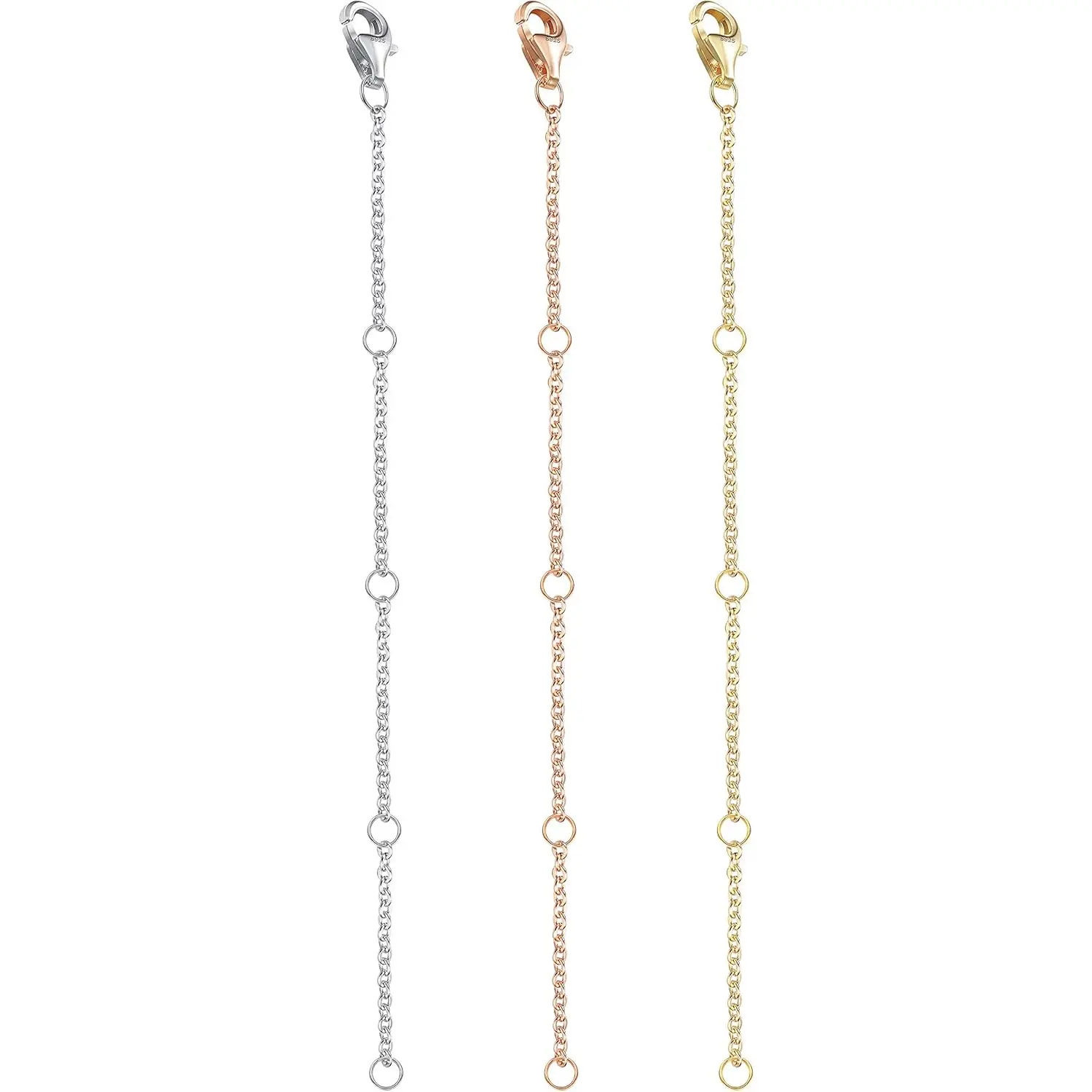 Sanfenly Sterling Silver Necklace Chain Extenders for Women, 3-Piece Casual Set in Gold, Rose Gold & Silver, 2/3/4-Inch Lengths with Lobster Clasp for Bracelets & Anklets, Daily, Unisex, Adjustable