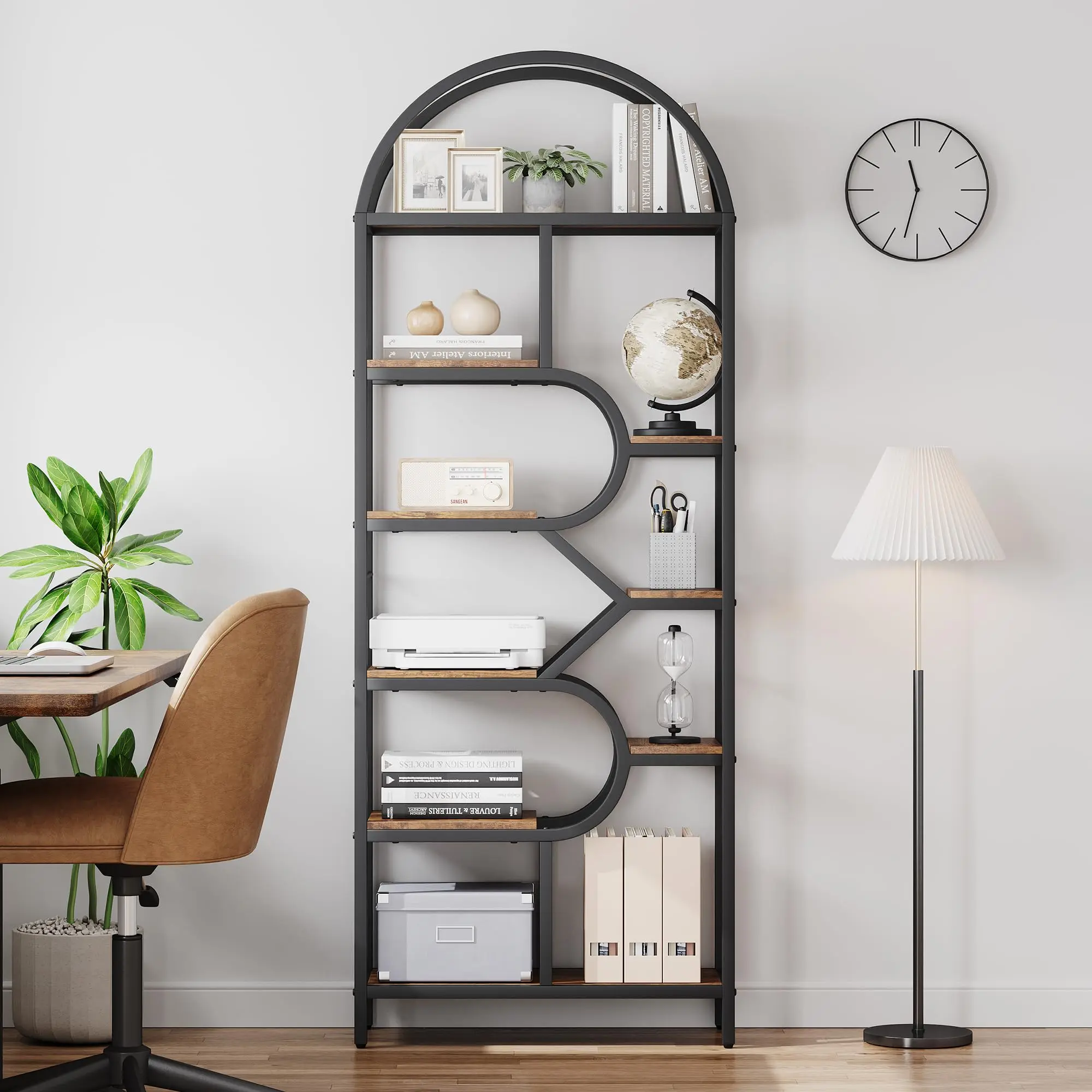 6-Tier Industrial Bookcase - Rustic Wood & Metal Open Shelf Organizer with Geometric Arched Design, Triangle Structure, 35 lbs Per Shelf Capacity, Collectibles Storage, Versatile Use for Living Room, Home Office, Kitchen, Assembly Required