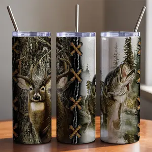 Camo Split 20oz Tumbler: Deer Hunting & Bass Fishing Design with Realistic Lace-Up Effect | Stainless Steel Insulated Mug Keeps Drinks Cold/Hot All Day | Ultimate Outdoorsman Gift for Dad, Husband, & Angler
