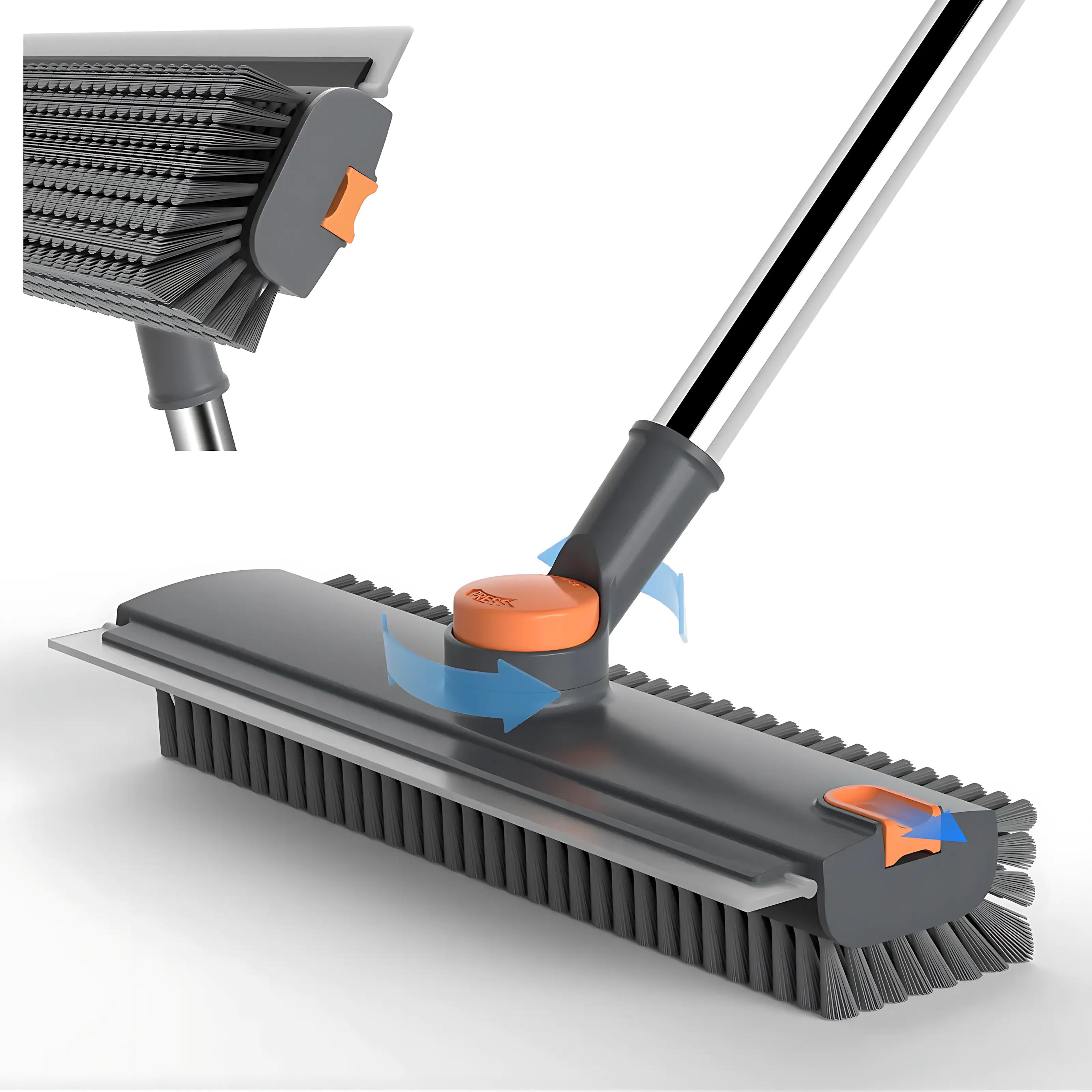 Floor Scrub Brush with Long Handle, Heavy Duty 3-in-1 Rotatable Cleaning Brush with Squeegee Blade, Adjustable Stainless Steel Handle & Stiff Bristles for Shower, Bathroom, Tile, Patio, Garage, Kitchen home essential
