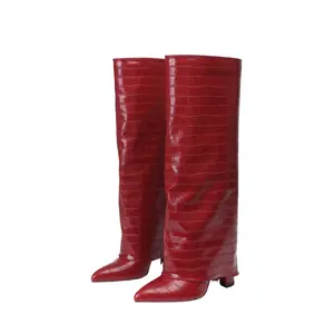 Fashionable Burgundy Stone Texture Wide Leg Chunky Heel Pointed Toe Tall Boots