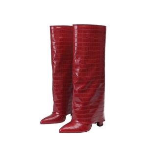 Women's Burgundy Stone Texture Wide-Leg Chunky-Heel Pointed-Toe Tall Boots, Women's Shoe, Stylish Footwear