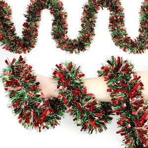 50Ft Red Green Christmas Tinsel Garland Xmas Tree Decorations Metallic Glitter Tinsel Twist  Garland for Indoor Outdoor Christmas Holiday Party Decor