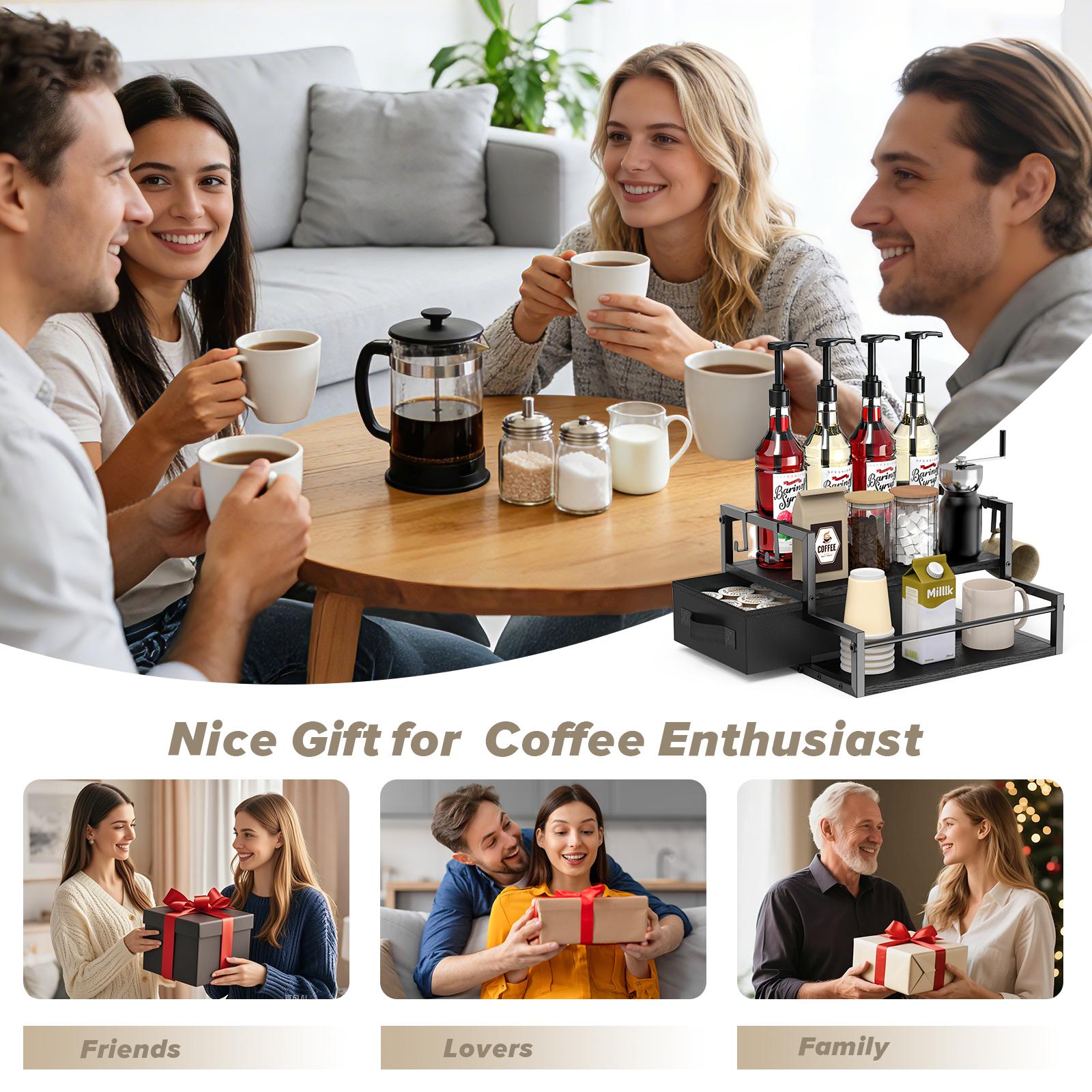 Zaldia Coffee Syrup Organizer Rack 2-Tier with K Cup Storage Drawer & Syrup Rack Station Classic Black Wooden Three-Tier for Wine Tea Condiment