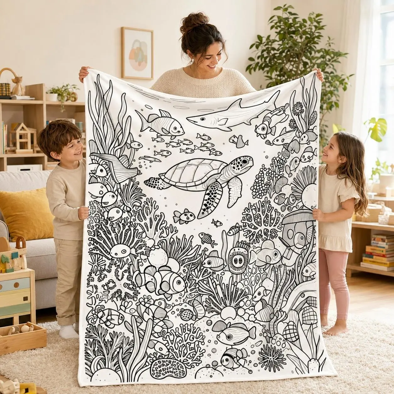 Black & White Underwater Ocean Doodle Flannel Throw Blanket, Single-Side Sea Turtle Fish Coral Line-Art Print, Coloring-Page-Style Cover, Nautical Coastal Decor for Kids
