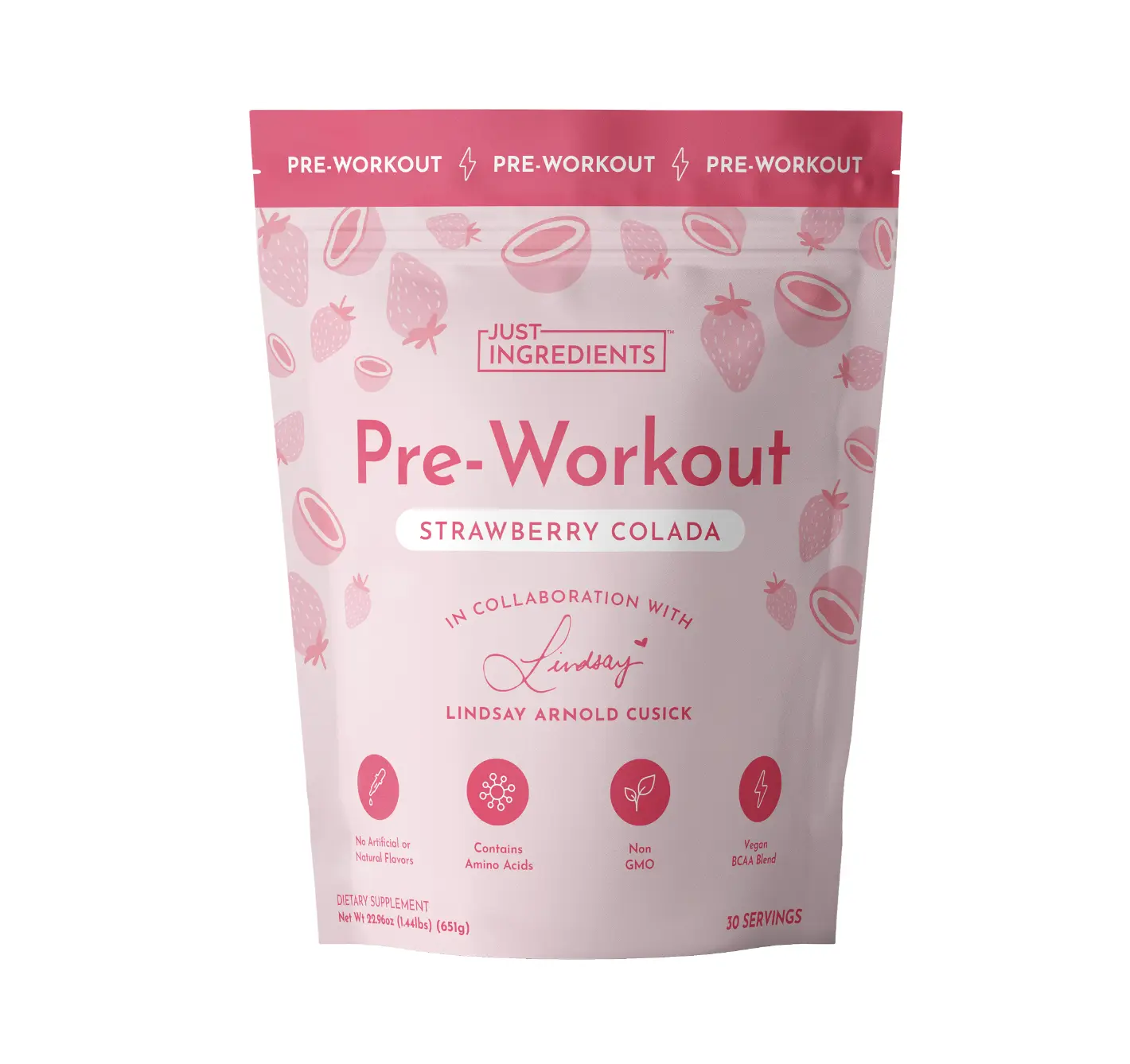 Just Ingredients Strawberry Colada Pre‑Workout by Lindsay Arnold - BCAAs, Beta Alanine, Citrulline Malate, Ginseng, Maca Root - 30 Servings