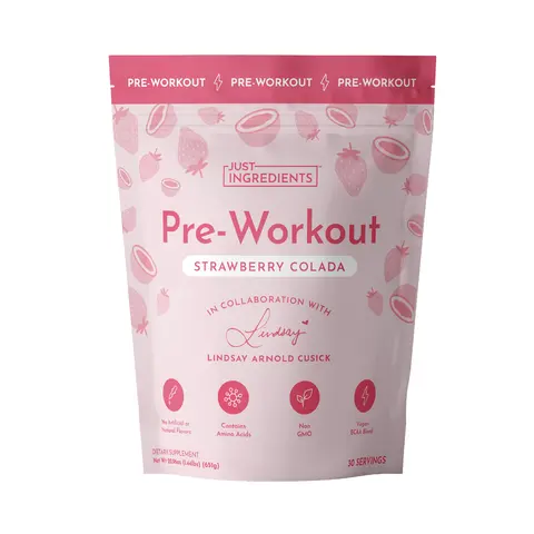 Just Ingredients Strawberry Colada Pre‑Workout by Lindsay Arnold - 30 Servings - Supports Performance, Energy & Recovery - 150mg Caffeine per Serving - BCAAs, Beta Alanine, Citrulline Malate, Ginseng, Maca Root - No Artificial Sweeteners or Dyes