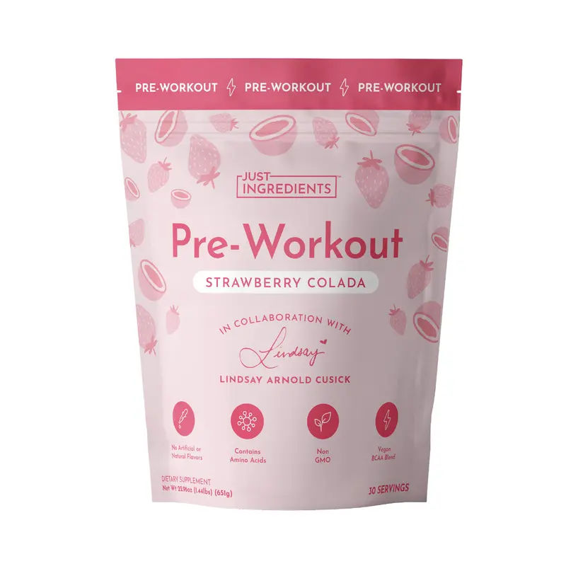 Just Ingredients Strawberry Colada Pre‑Workout by Lindsay Arnold - 30 Servings - Supports Performance, Energy & Recovery - 150mg Caffeine per Serving - BCAAs, Beta Alanine, Citrulline Malate, Ginseng, Maca Root - No Artificial Sweeteners or Dyes