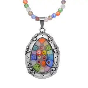 Murano Style Millefiori Glass Necklace - Beaded Necklaces for Women - Colorful Flower Jewelry Stainless Steel 20" Shiny Durable Craftmanship Engagement Wedding Anniversary Birthday Christmas Gifts