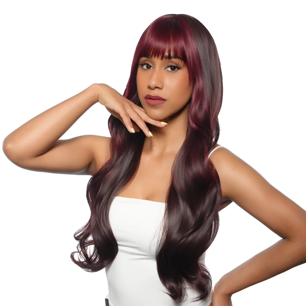 27-Inch Dark Cherry Wine (Frontal Highlights) Undone Waves Synthetic Wig | 【Heat Resistant】【Cap Included】 | #14 43FSGB