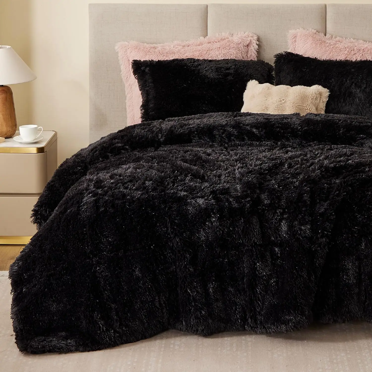 Malea Glam Soft Polyester Shaggy Comforter Set - Full/Queen Size Black, Synthetic Long Faux Fur Down Alternative, Ultra-Fluffy, Durable, Double-Sided Box Quilted, Matching Sham Included, Machine Washable