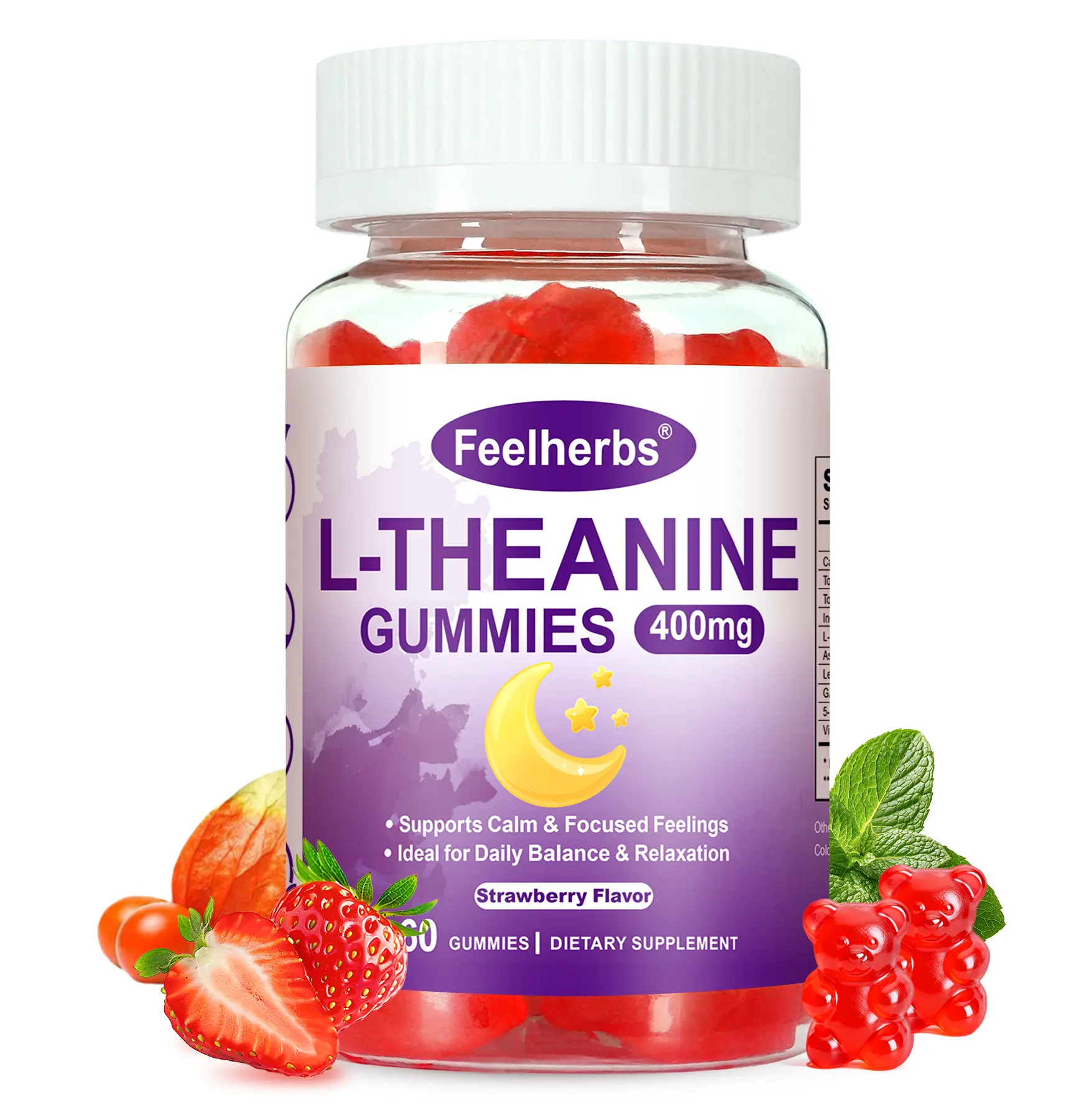 Women's Organic Blend Ashwagandha L-Theanine Gummies (400mg) - Strawberry, Lemon Balm Extract, GABA, 5HTP, Low Sugar Chewable, 60 Pieces, Relaxes Mind, Daily Balance & Relaxation Support