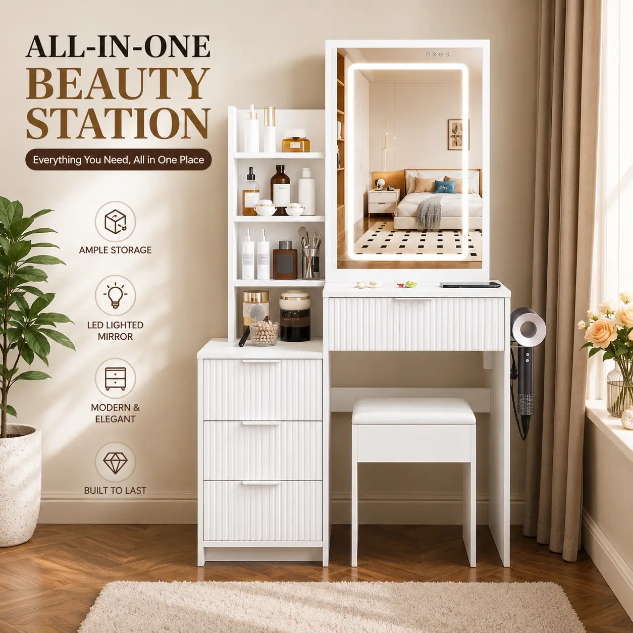 Modern White Makeup Vanity with Illuminated Mirror and Storage Shelves for Bedroom or Bathroom