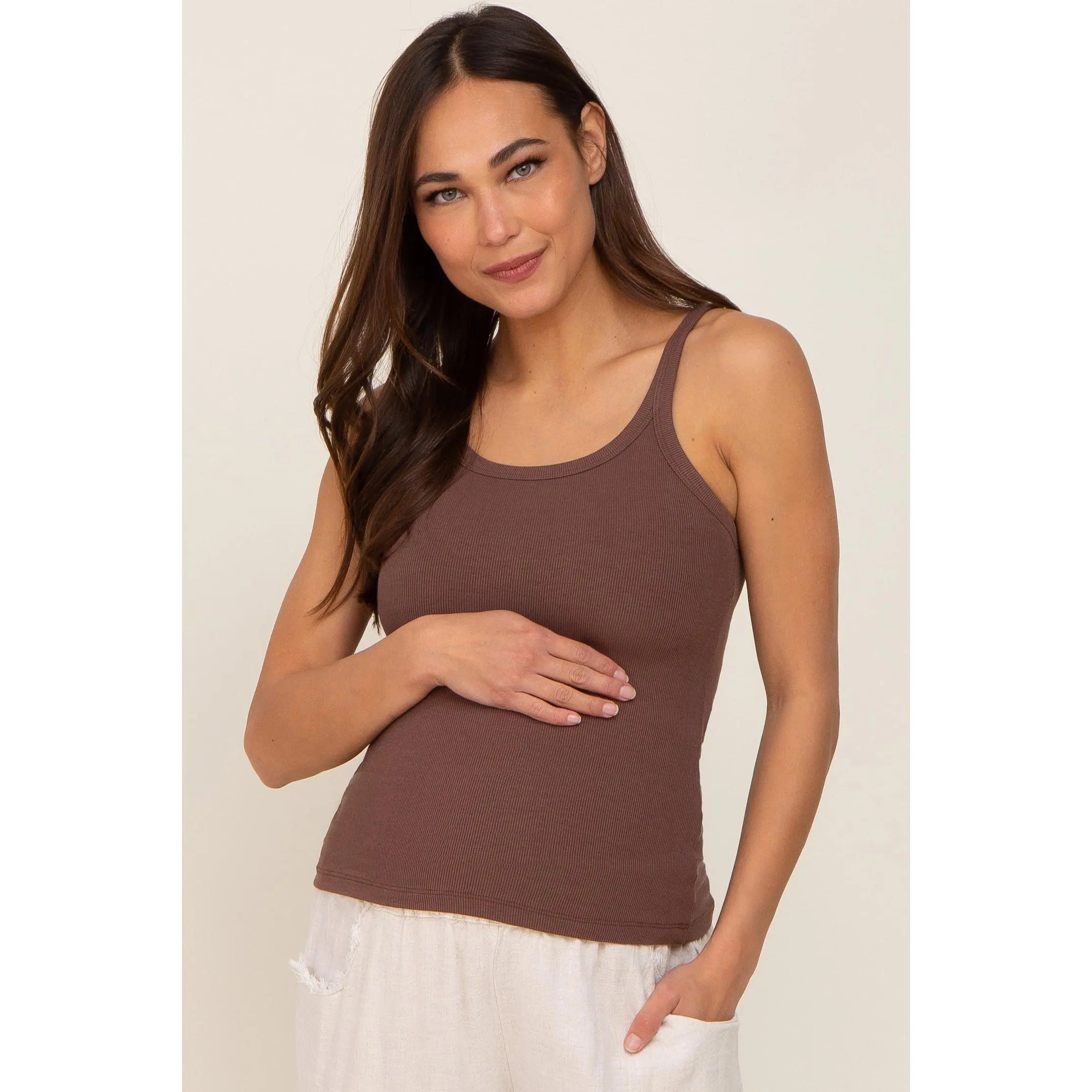 Brown Ribbed Maternity Tank Top