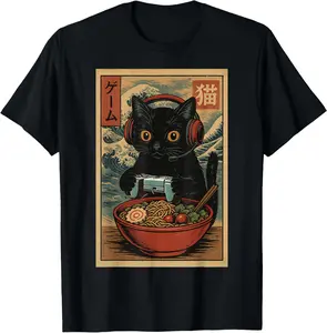 Cute Kawaii Gamer Cat Funny Ramen Retro Japanese Cat Gaming T-Shirt Pure Cotton Graphic Tees Menswear Top: Gifts for Men & Women