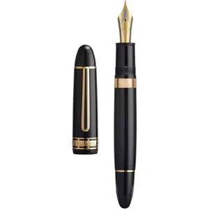 630 Acrylic Fountain Pen Size 8 Medium Nib with Piston Filling System, Piano Black Transparent Ink Tank Torpedo Shape Design Smooth Writing Pen (Gold Trim)